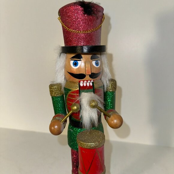 Handcrafted Wooden Nutcracker Drummer Figurine With Red & Green Glitter Accents - Picture 2 of 5
